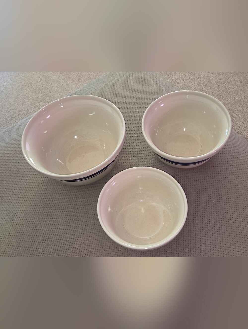 VTG Roseville Friendship Pottery Nesting Bowls Set 3 Blue Stripe Stoneware USA - Picture 12 of 16